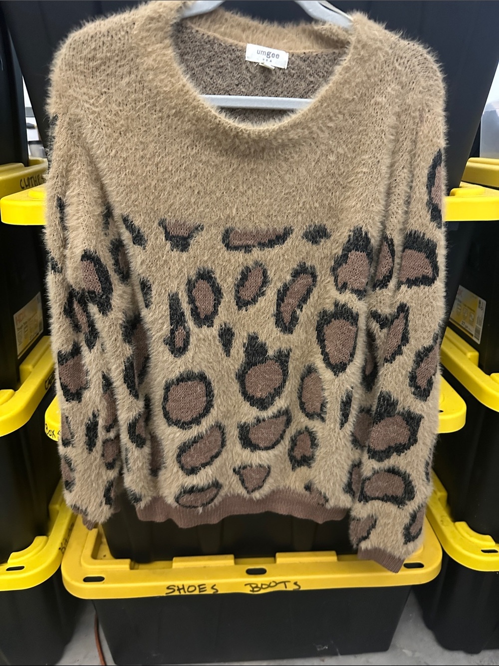 Umgee Tan Leopard-Print Fuzzy Crewneck Sweater